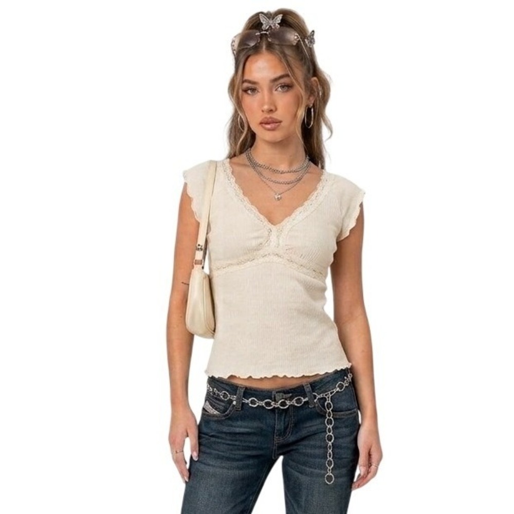 Y2K Self Esteem Lace Trim Babydoll Top Cream M